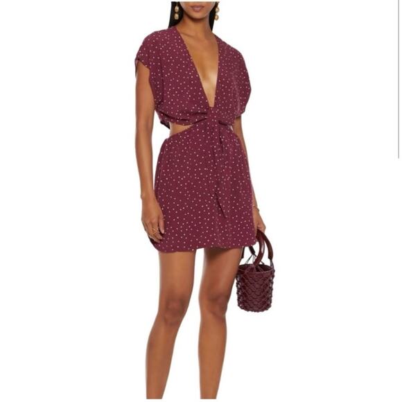 NWT Vix Paula Womens CoverUp Dress Burgundy SP Polka Dot Hermanny Cut Front Tie